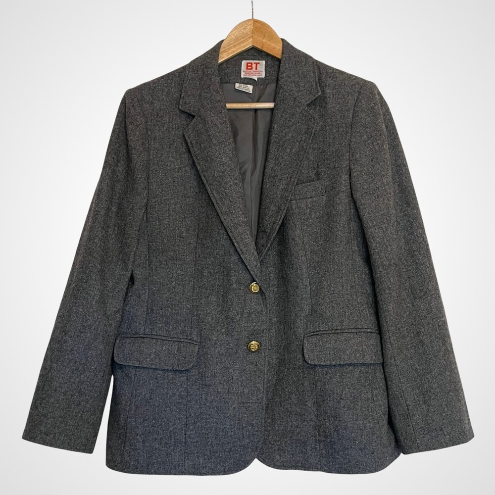 Vintage 80s Grey Wool Blazer Boston Traveler Suit Gold Buttons Office Retro Gray
